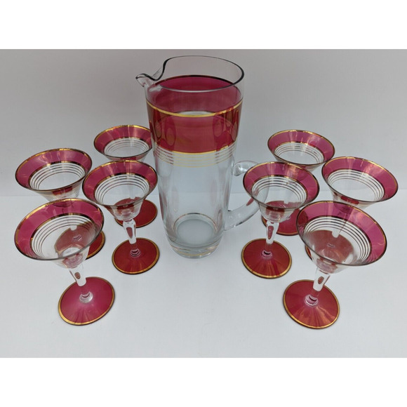 West Virginia Glass Ruby Red Gold Martini Cocktail Pitcher and 8 Cordial Glasses - Picture 2 of 16
